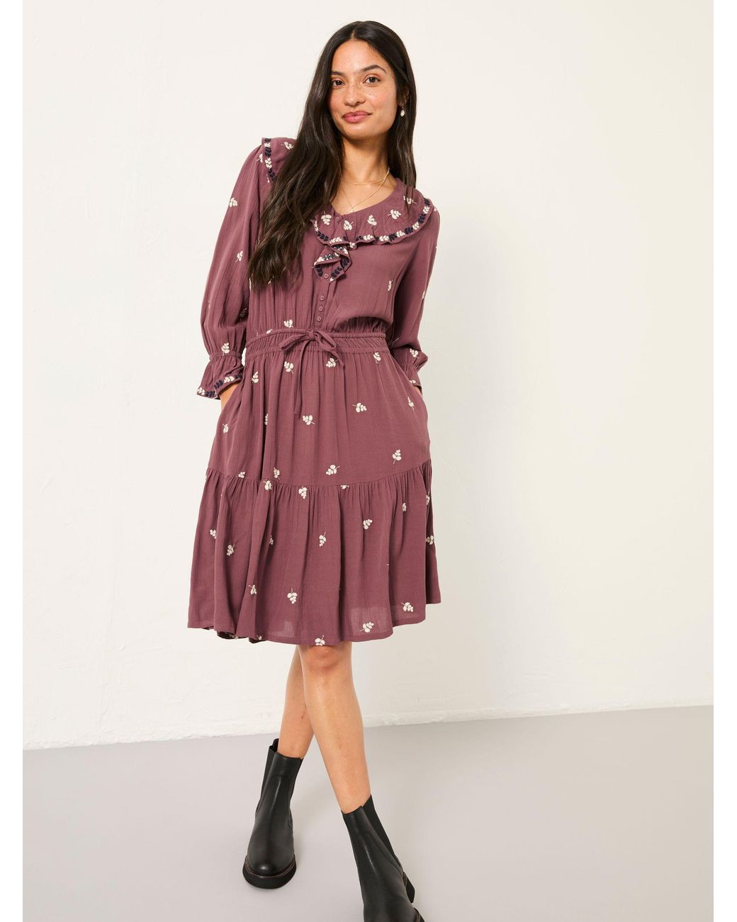 FatFace Brown Orla Regular Embroidered Dress