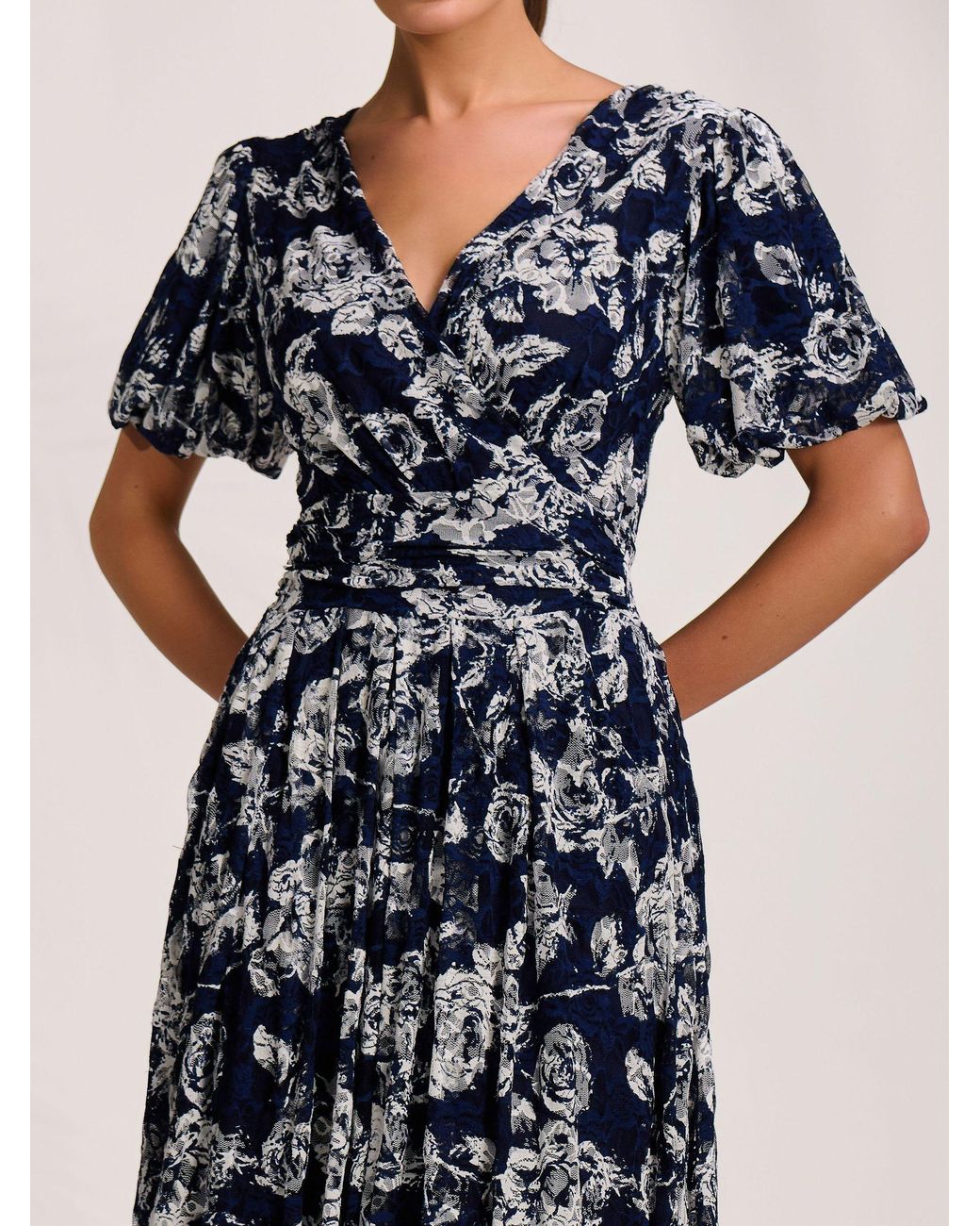 Jolie Moi Puff Sleeve Printed Lace Maxi Dress in Blue | Lyst