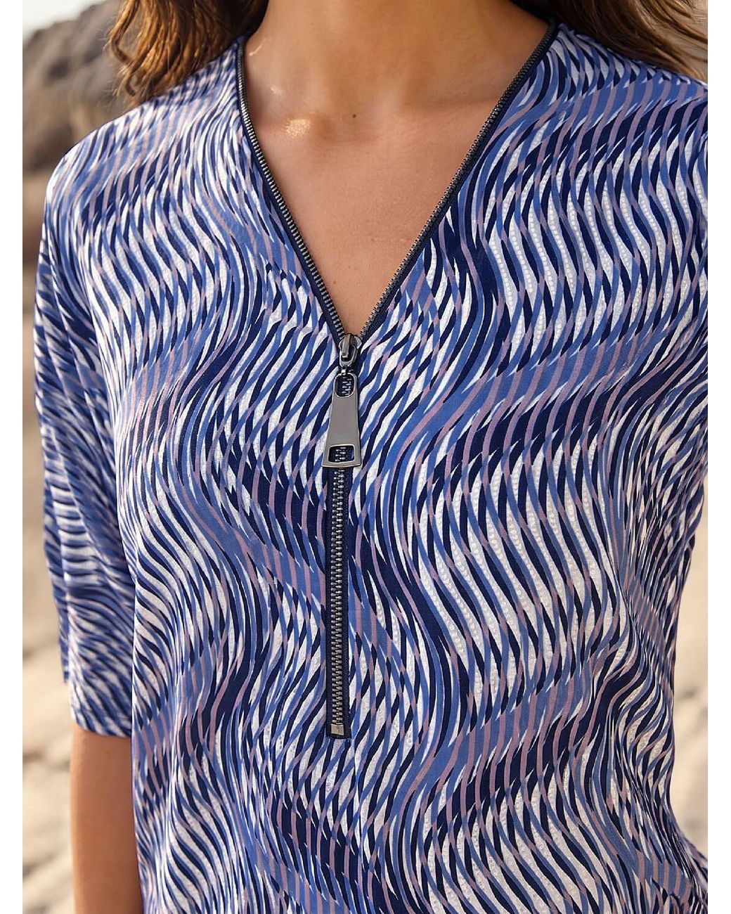 Roman Blue Printed Zip Front Top