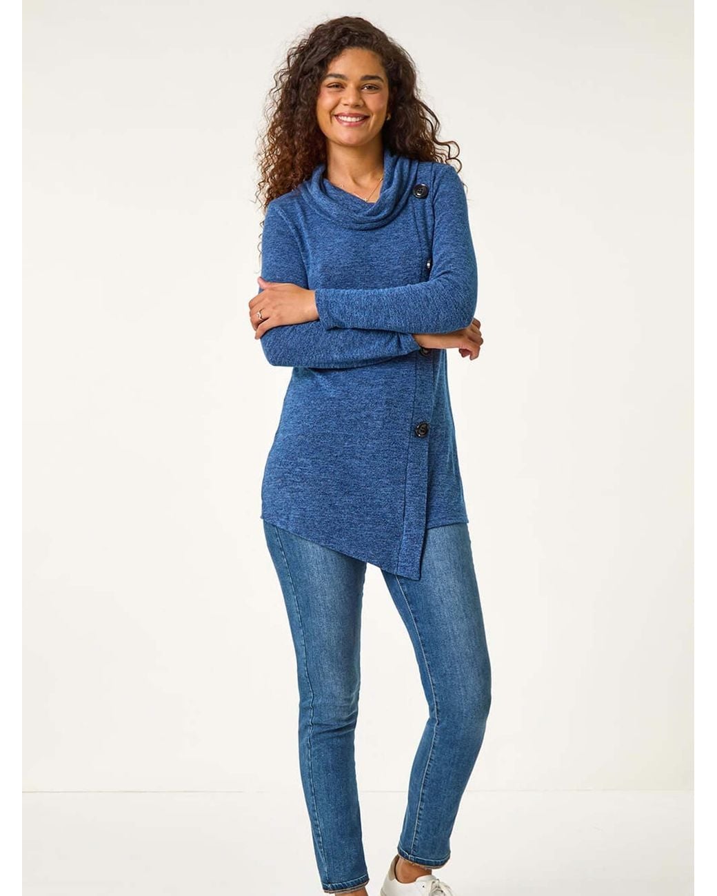 Roman Blue Cowl Neck Buttoned Top