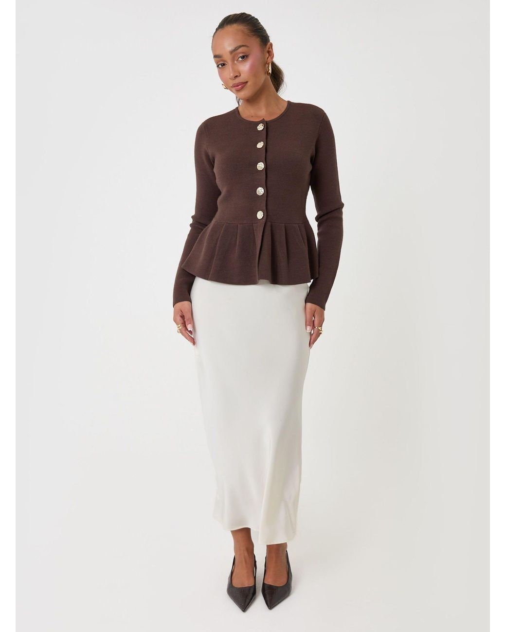 Threadbare Brown Crew Neck Peplum Cardigan