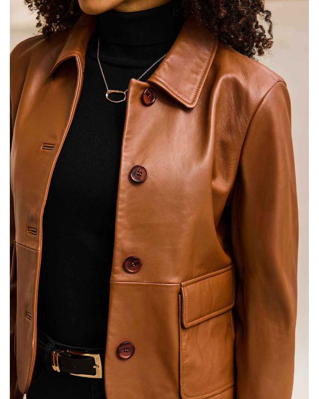 Sosandar Brown Leather Button Front Jacket