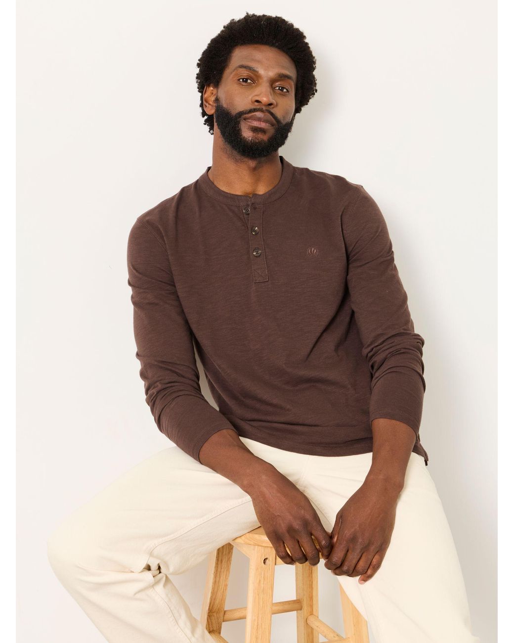 FatFace Brown Woodside Long Sleeve Henley Top for men