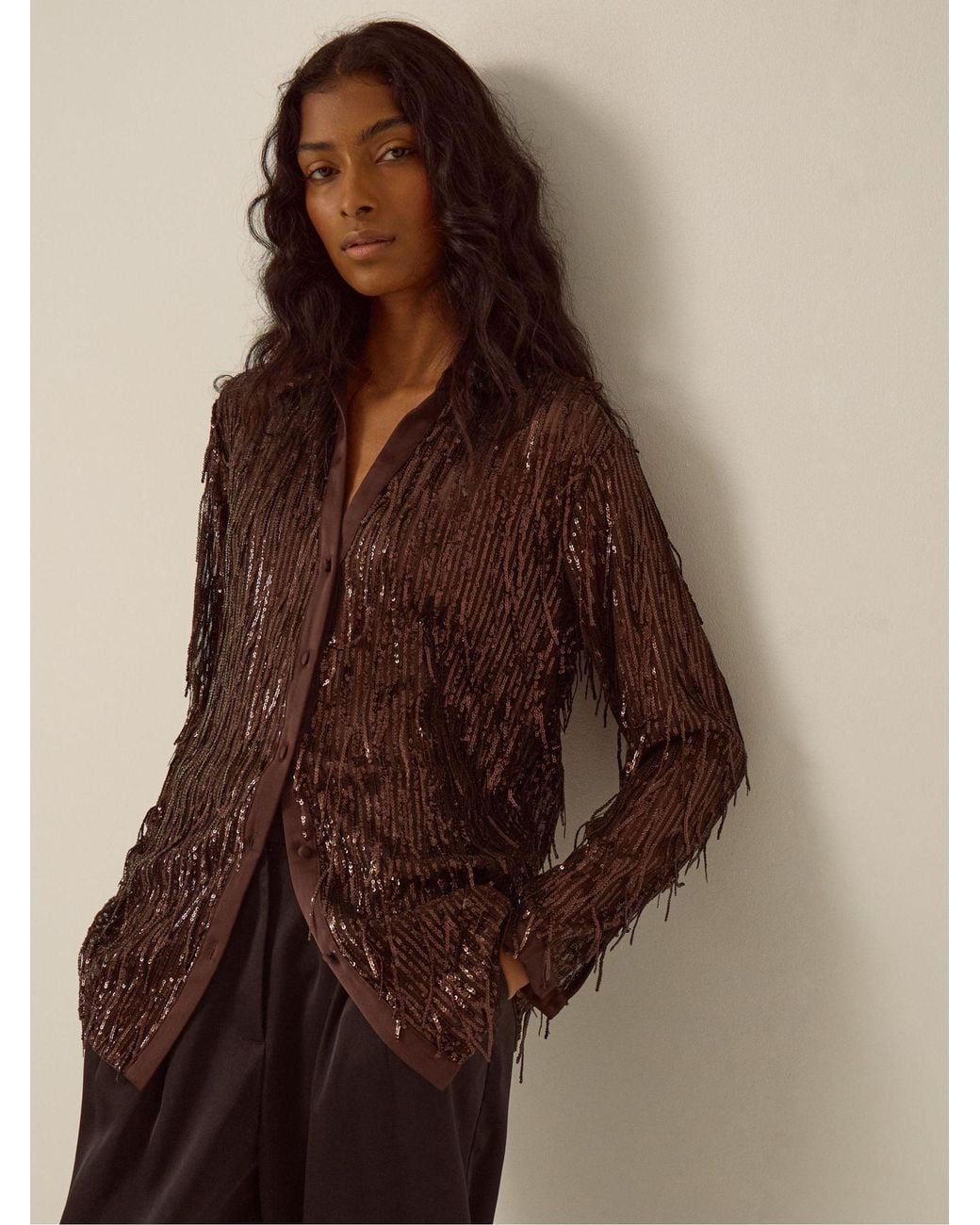 Satin Color Drips Monsoon Shelby Sequin Fringe Satin Shirt in Brown | Lyst