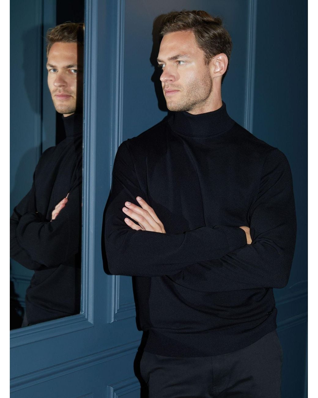 Threadbare Blue Knitted Roll Neck Jumper for men