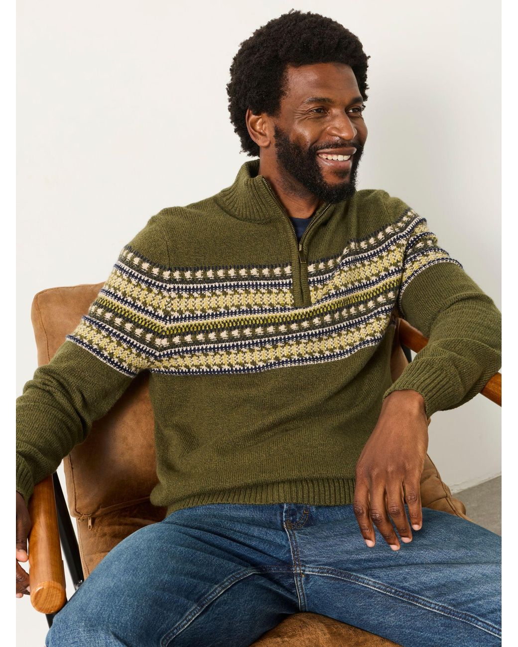 FatFace Green Selkirk Pattern Quarter Zip Knitted Jumper for men