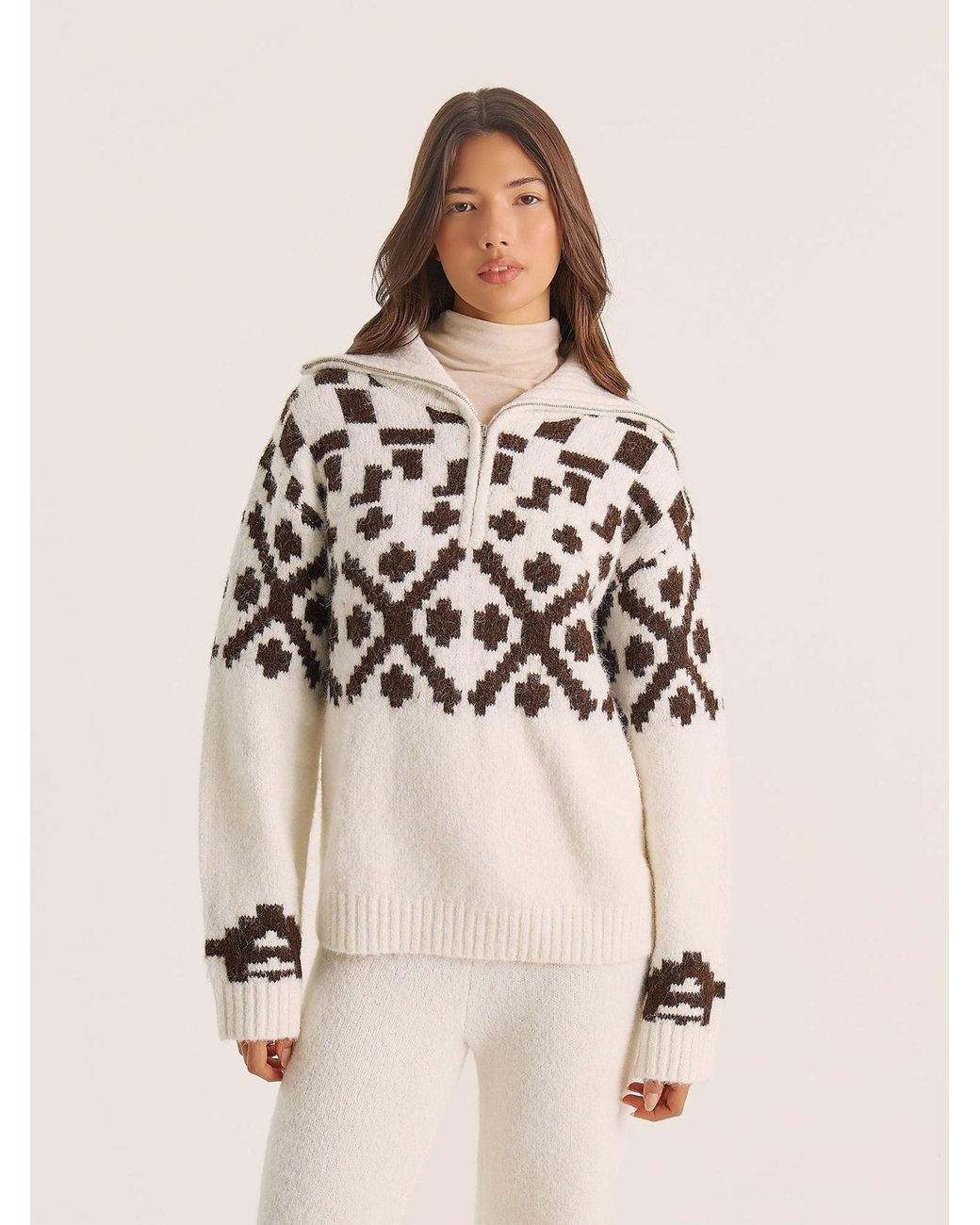 4th & Reckless Natural Janine Fairisle Knitted Zip Up Jumper