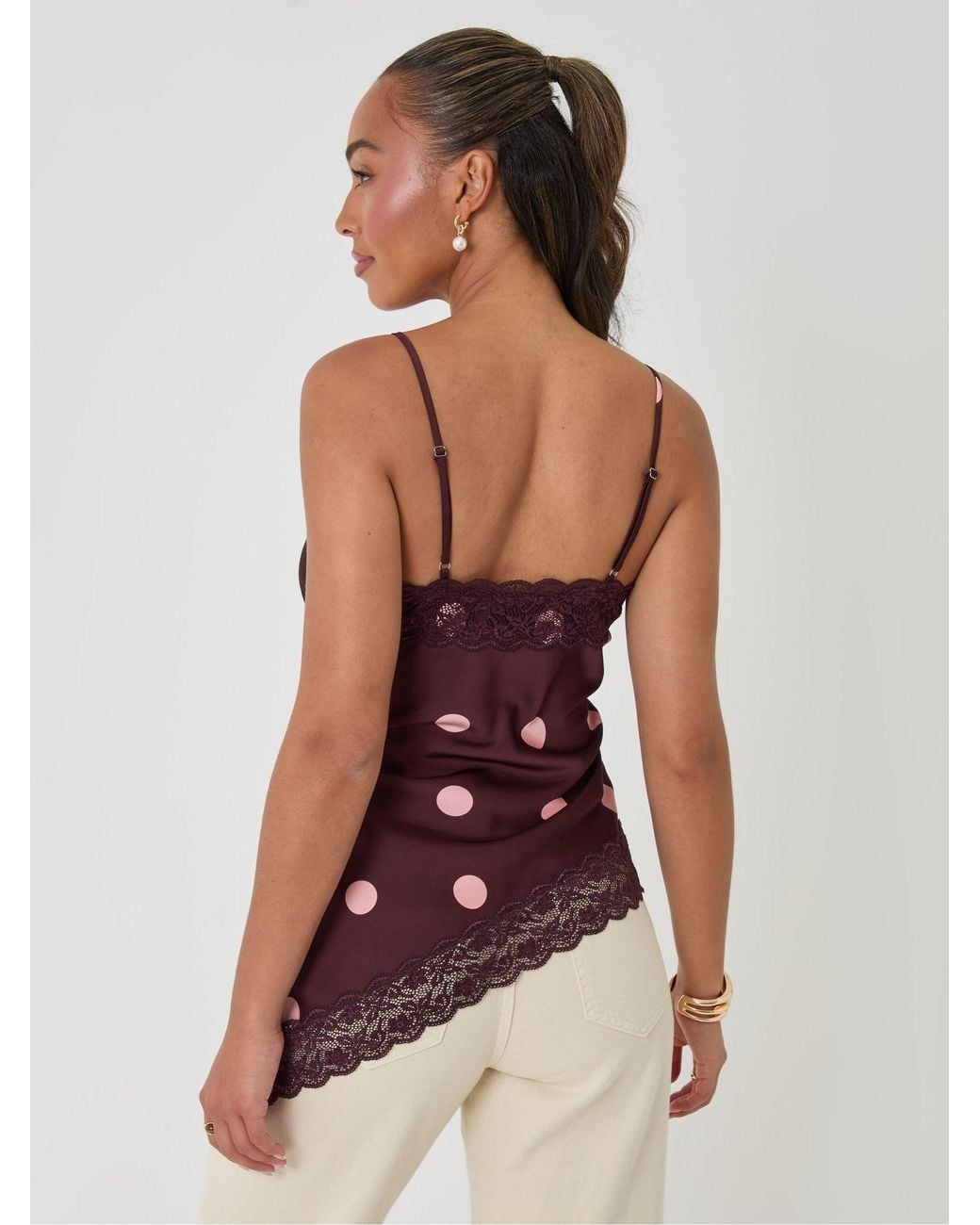 Threadbare Red Polka Dot Satin Lace Trim Cami