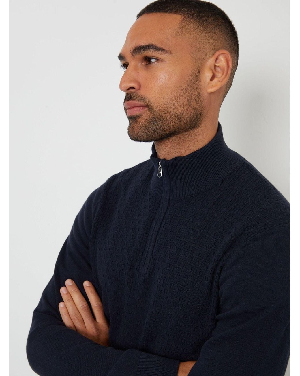 Threadbare Blue Mini Cable Knit Quarter Zip Jumper for men