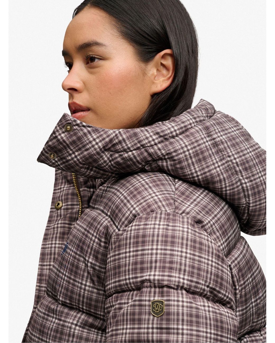 Superdry Gray Printed Check Premium Hooded Puffer Jacket