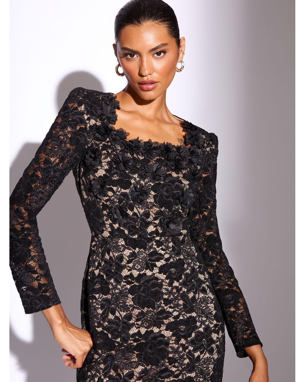 lipsy black lace bodycon dress Petite Premium 3D Floral Print Long Sleeve Midi in the Lulus Lace Up