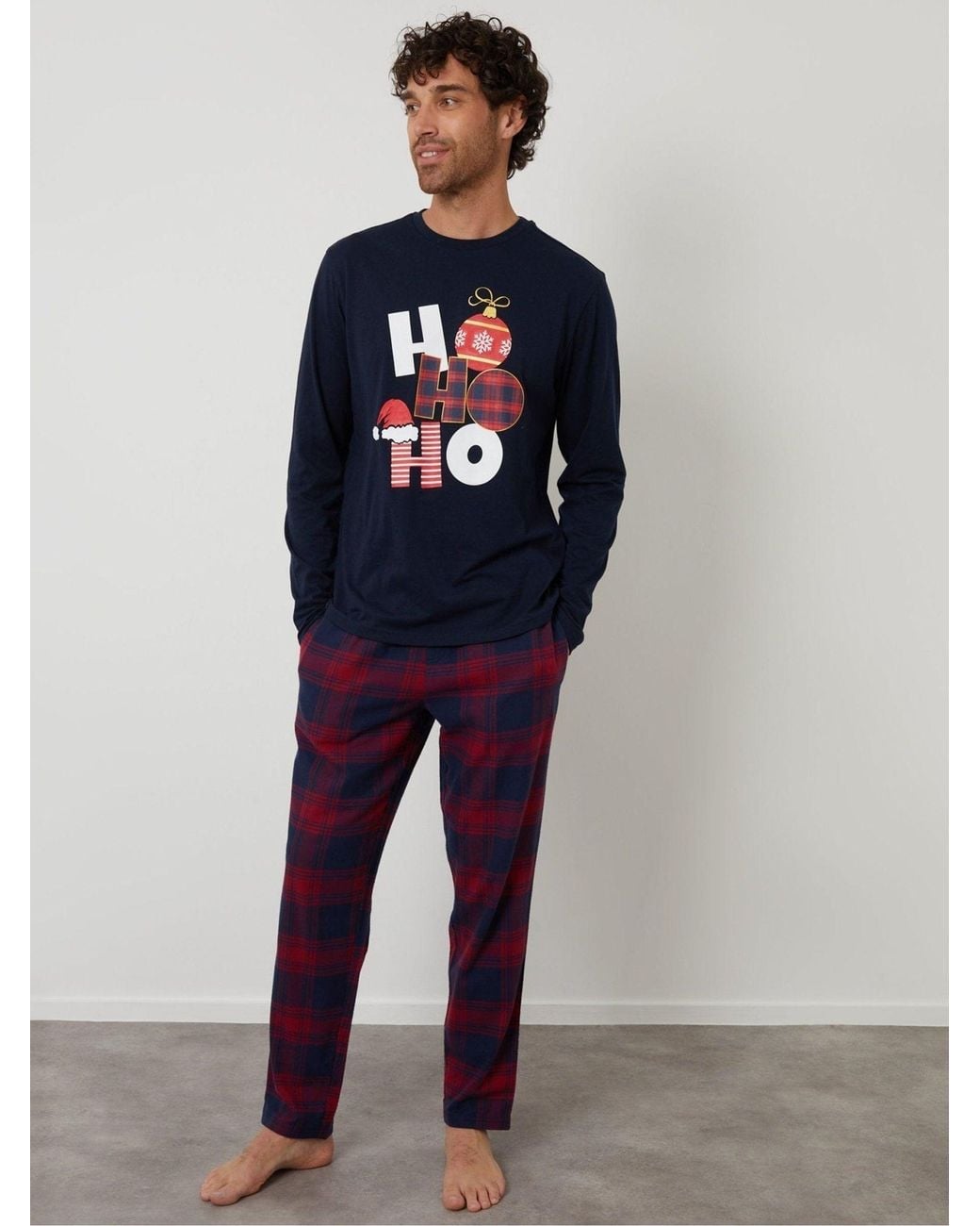 Threadbare Blue Long Check Christmas Pyjamas Set for men