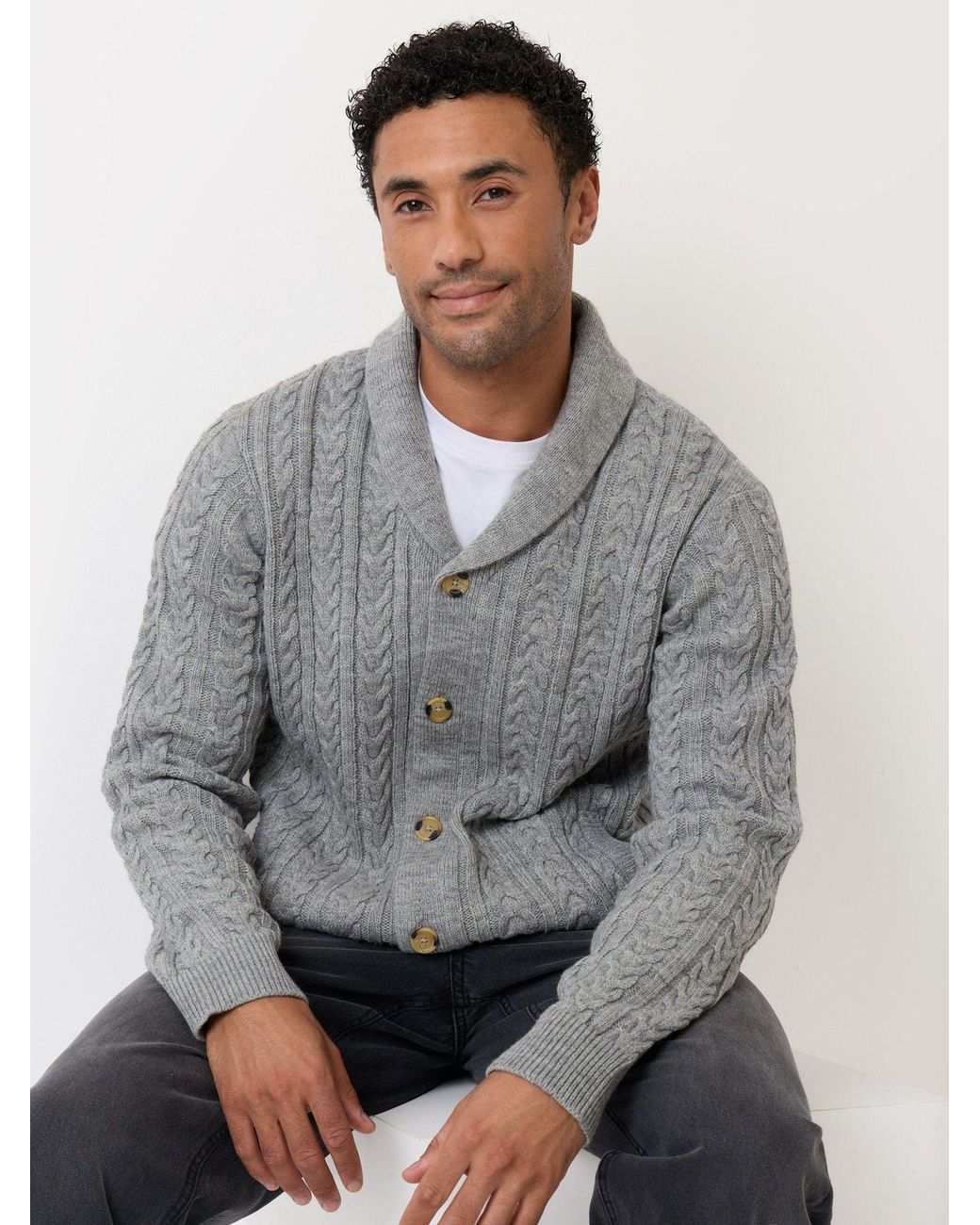 Threadbare Gray Cable Knit Shawl Cardigan for men