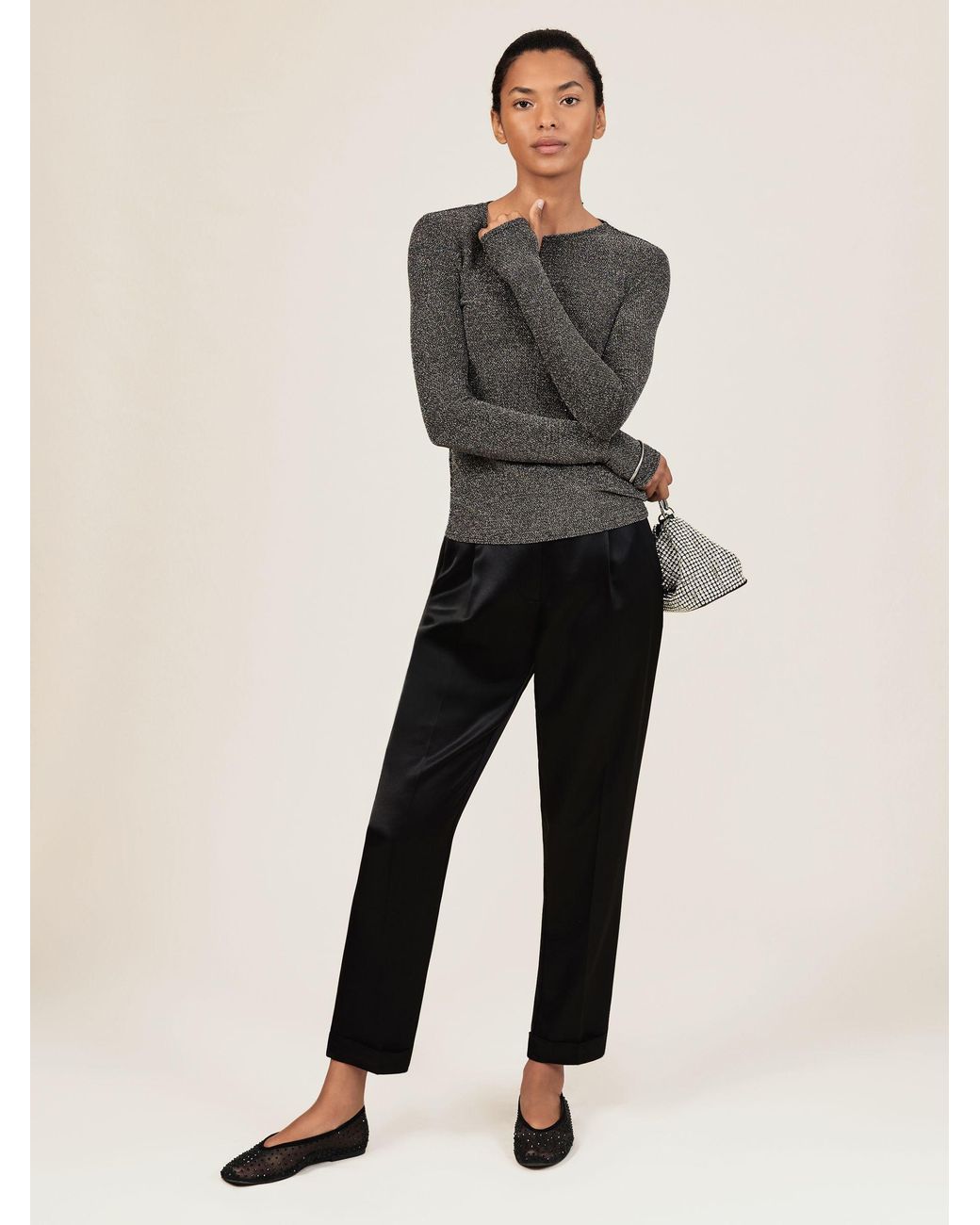 Reiss Gray Metallic-Knit Long-Sleeve Top