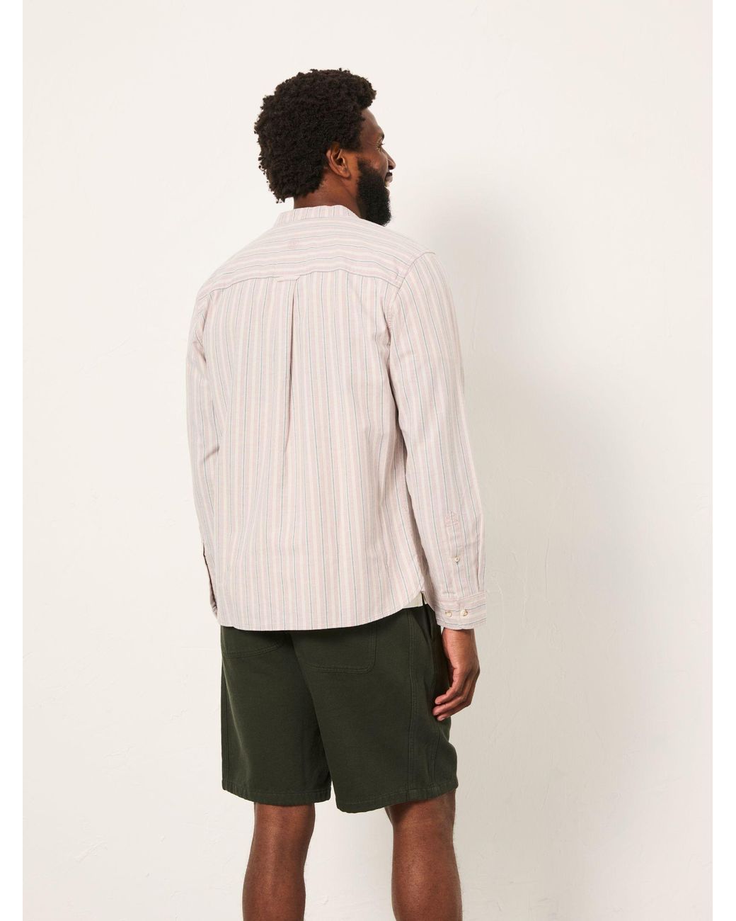 FatFace Brown Fatface Long Sleeve Oxford Stripe Grandad Shirt for men