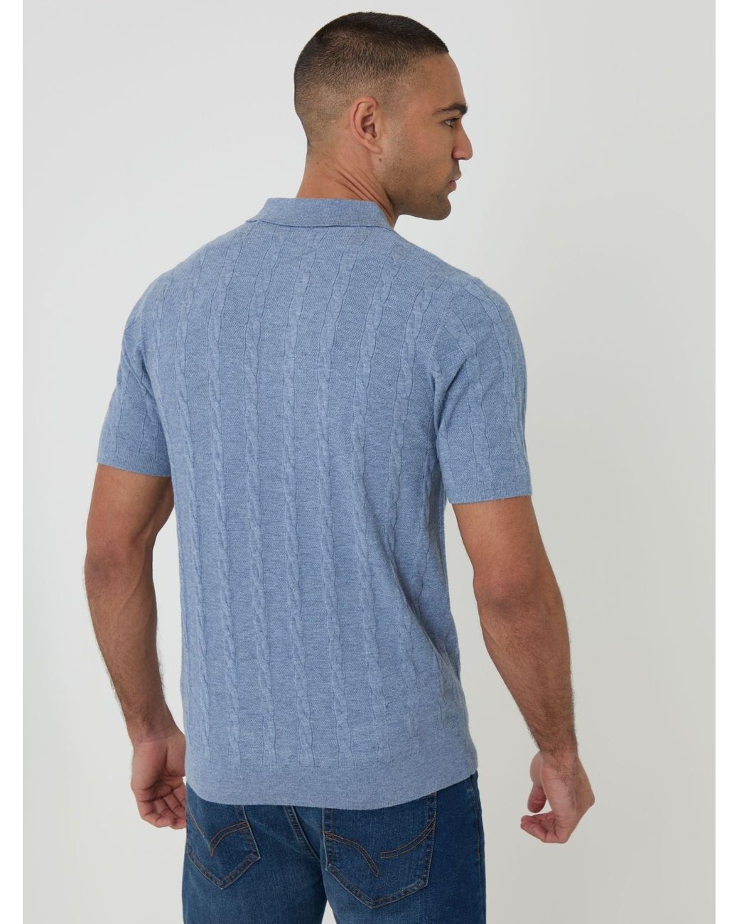 Threadbare Blue Cable Stripe Knitted Button Polo Shirt for men