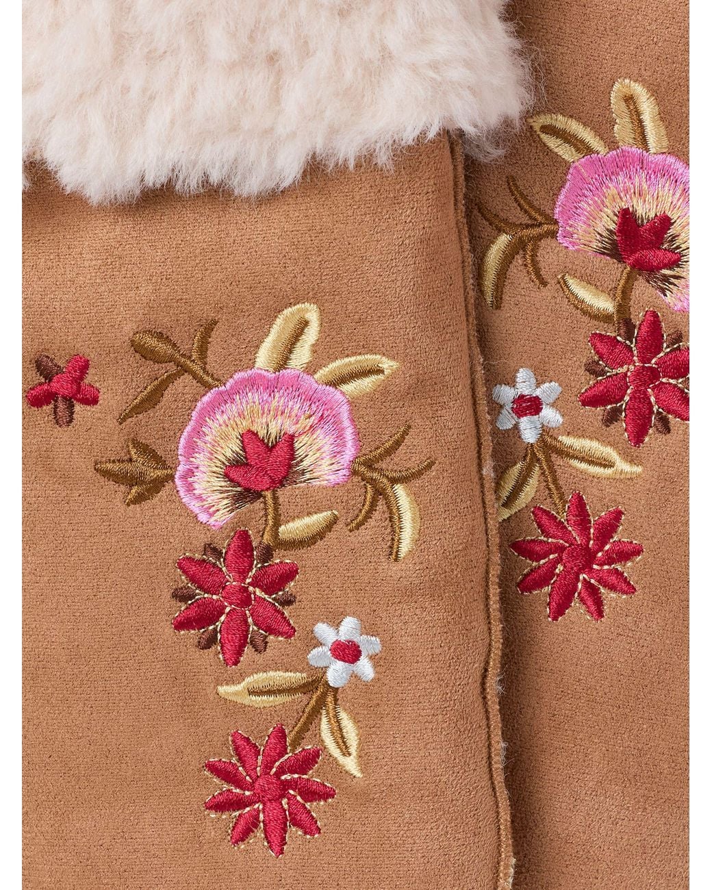 FatFace White Faux Fur Floral Embroidered Mittens
