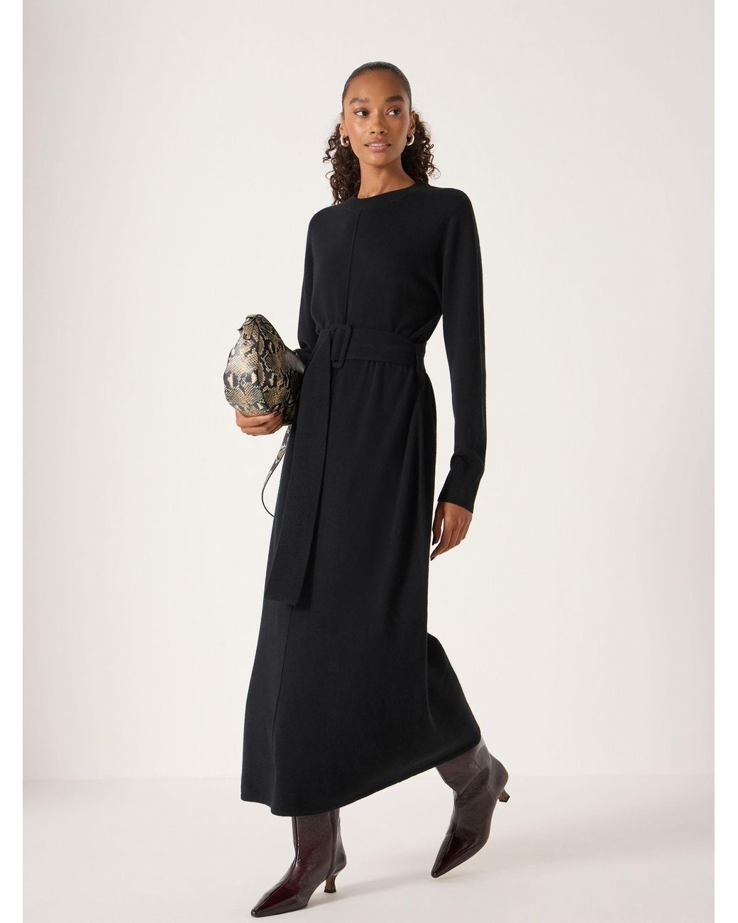 Hush Buckle Belt Knitted Merino Wool Midi Jumper Dress in Black | Lyst