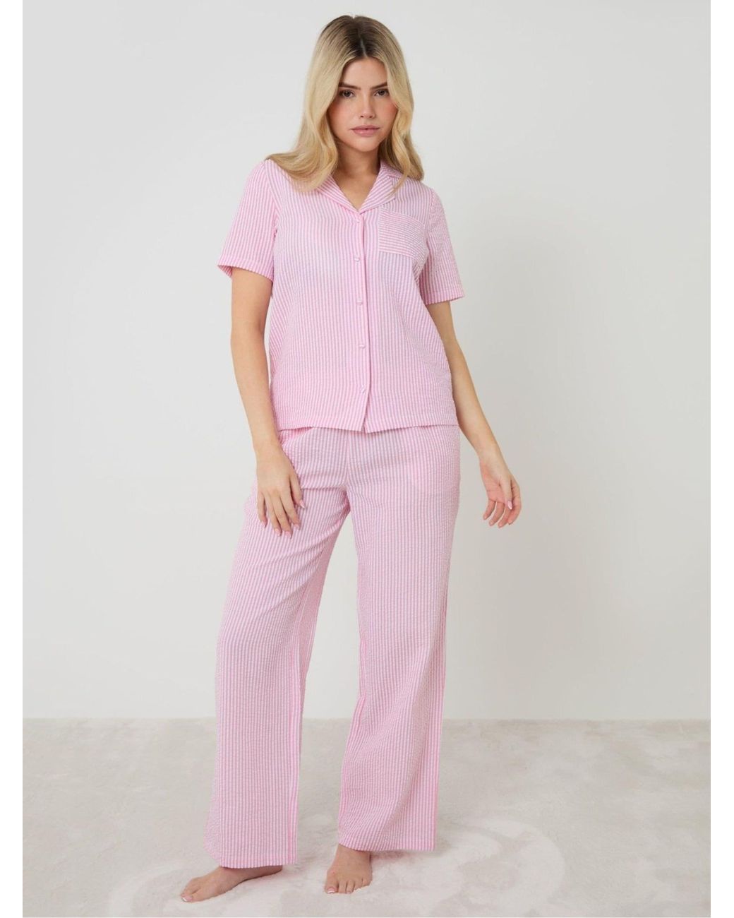 Threadbare Pink Seersucker Button Up Pyjamas Set