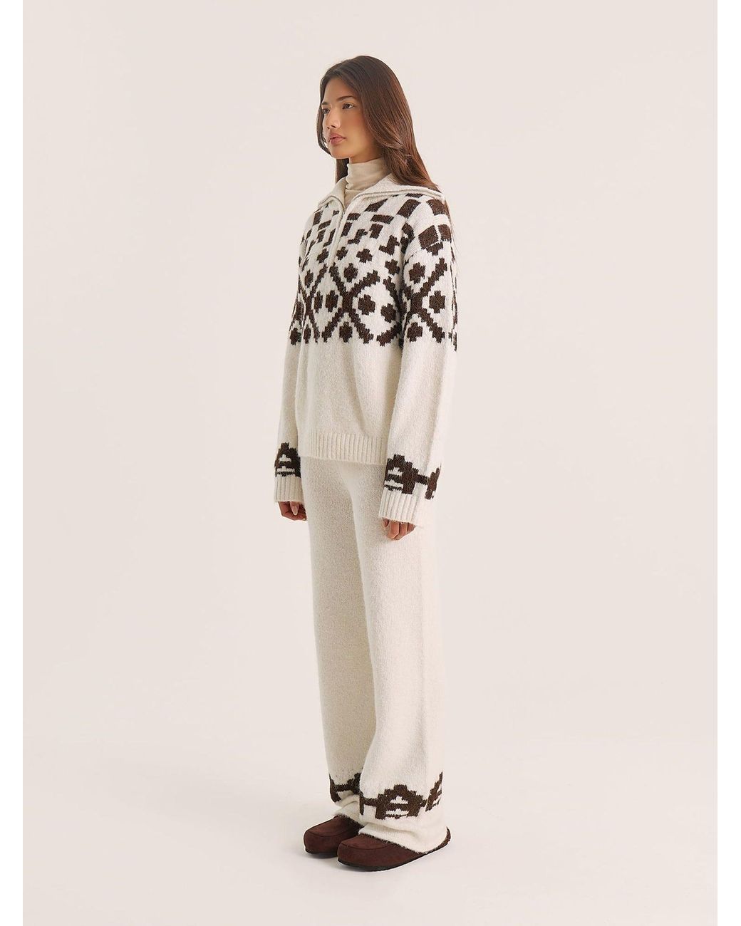 4th & Reckless Natural Janine Fairisle Knitted Zip Up Jumper