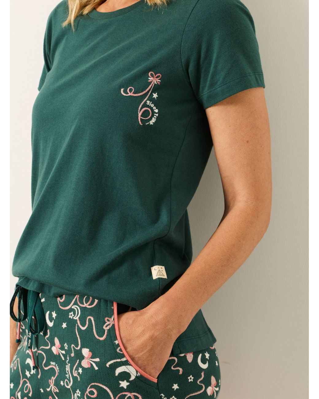 FatFace Green Bow Print Pyjama Set