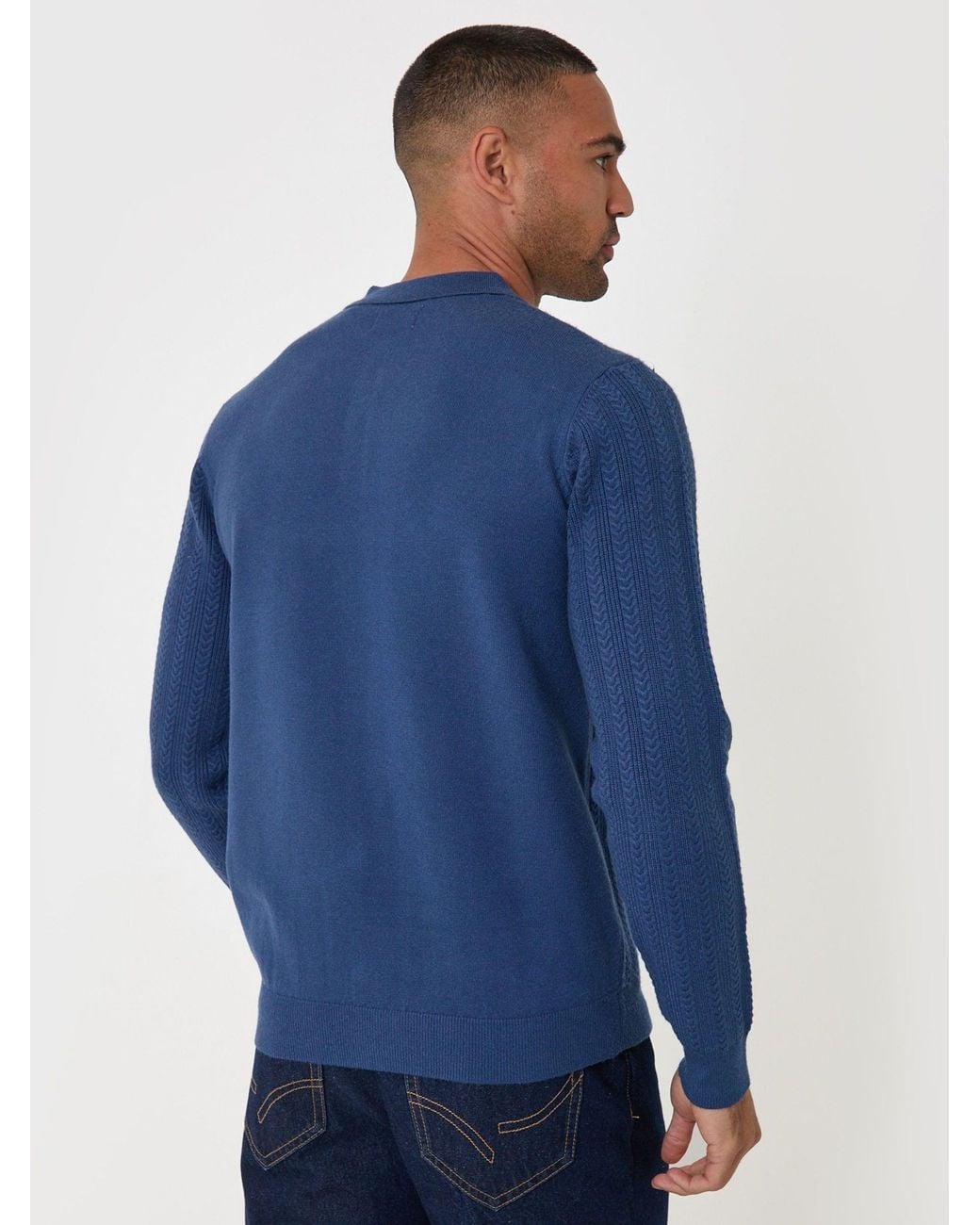Threadbare Blue Textured Cable Knit Polo Jumper for men
