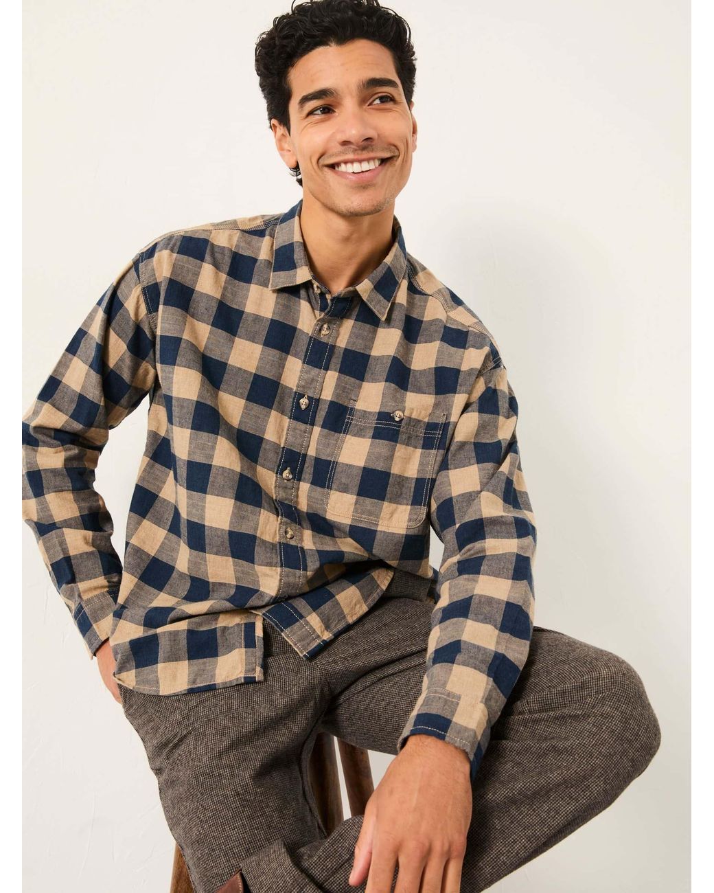 FatFace Blue Long Sleeve Relaxed Buffalo Check Shirt for men