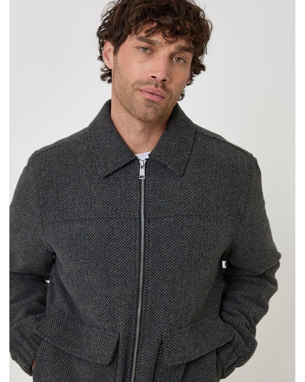 Threadbare Blue Herringbone Faux Wool Collared Jacket for men