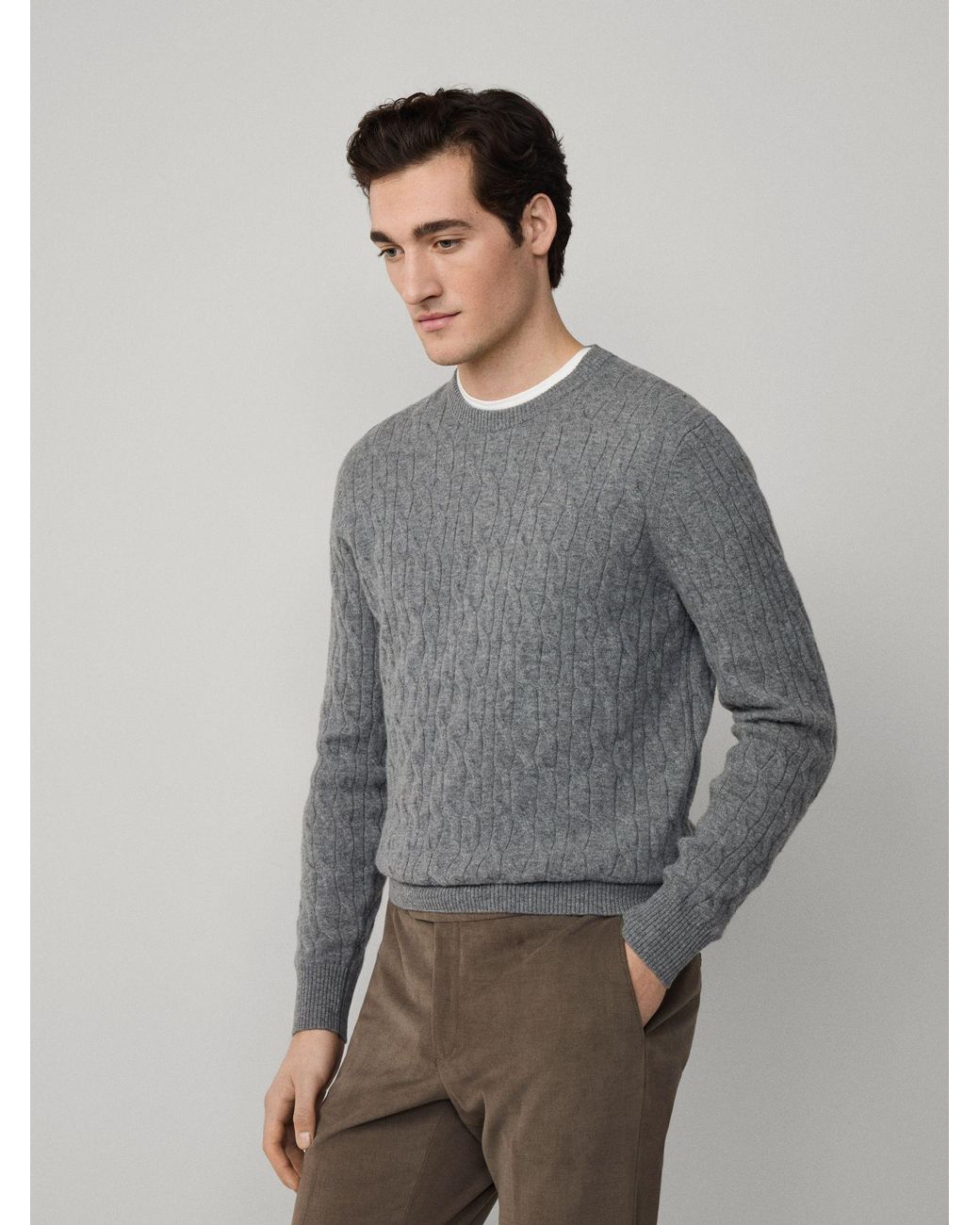 Hackett Gray Lambswool Cable Crew Neck Jumper for men