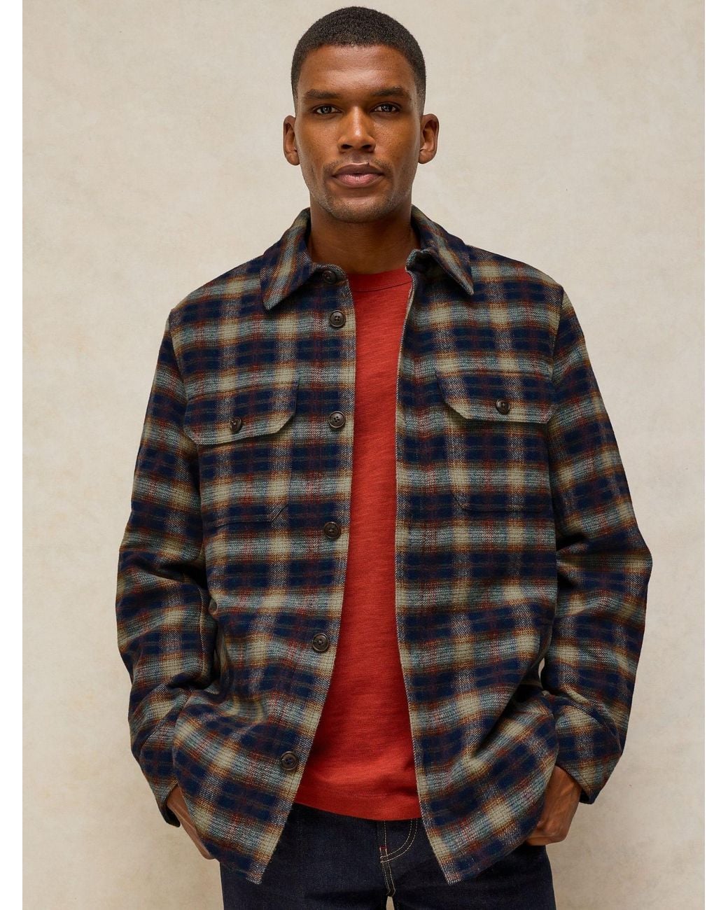 White Stuff Blue Hetton Check Borg Lined Jacket for men
