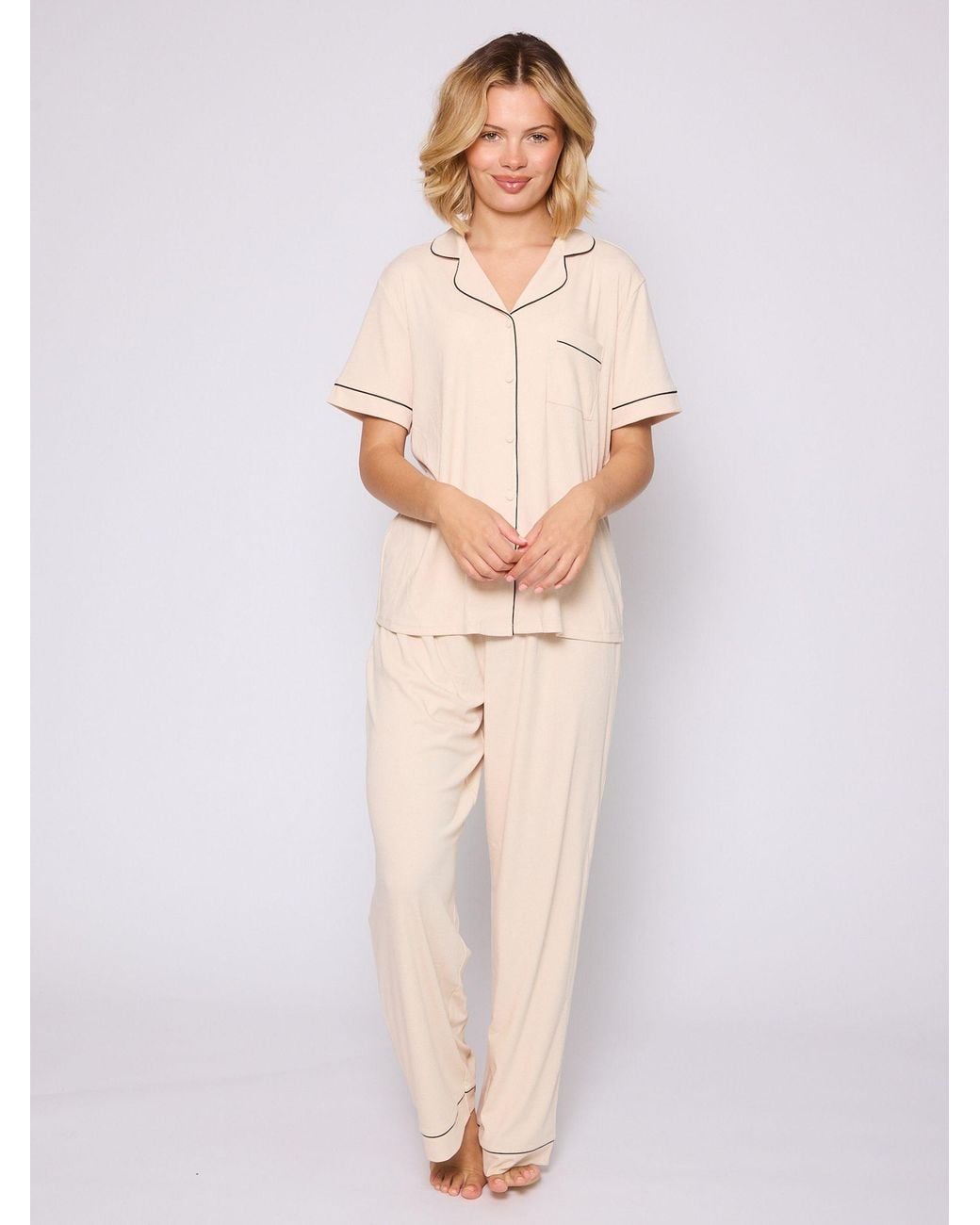 Loungeable Natural Trim Short Sleeve Soft Rib Button Through Pyjamas