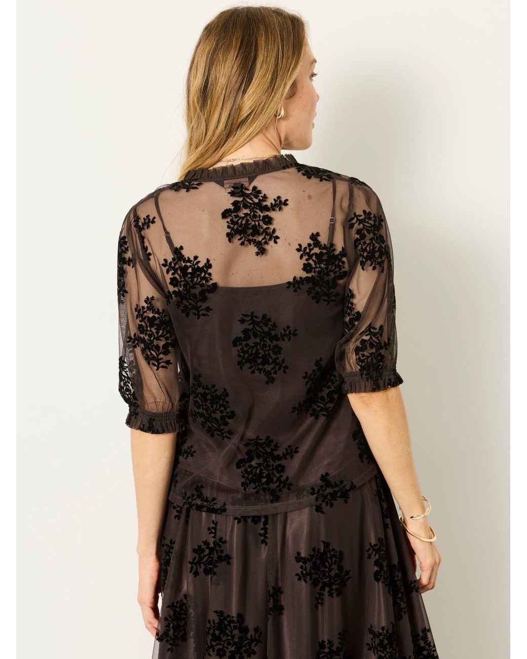 FatFace Brown Fleur Flocked Tulle Blouse