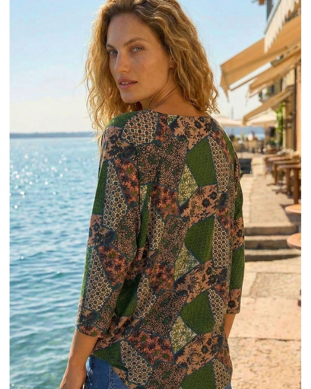 Roman Brown Floral Patchwork Stretch Top