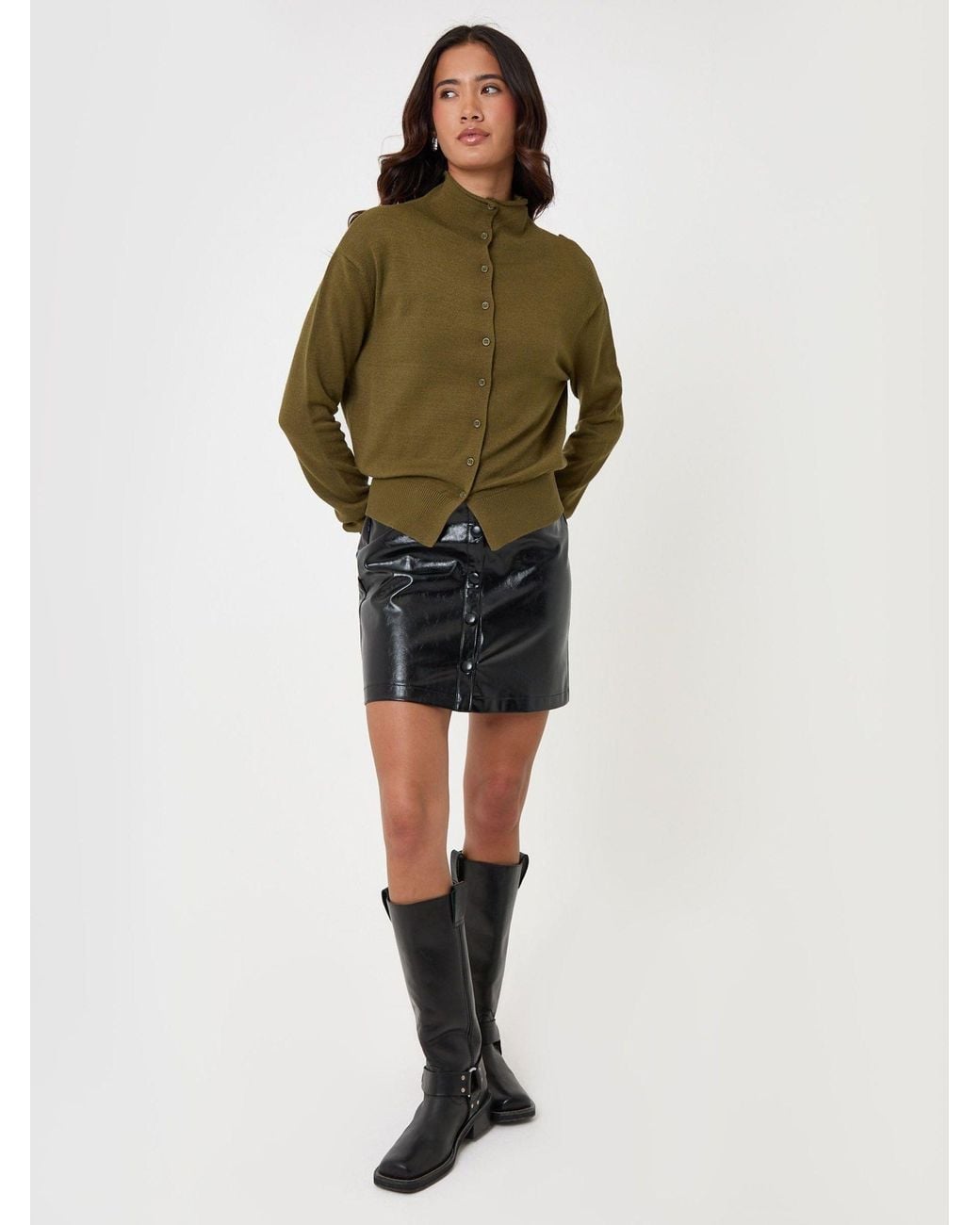 Threadbare Green Compact Knit Funnel Neck Cardigan