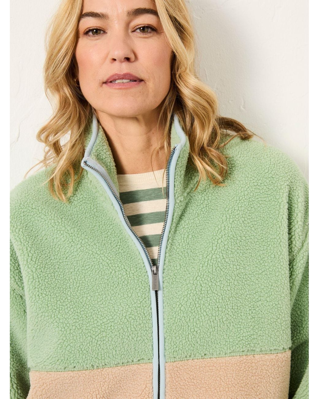 FatFace Green Colour Block Zip Through Fleece