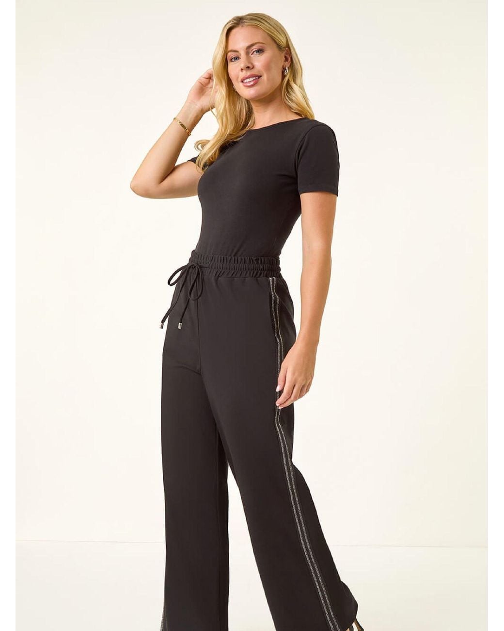 Roman Black Petite Drawstring Side Stripe Trousers