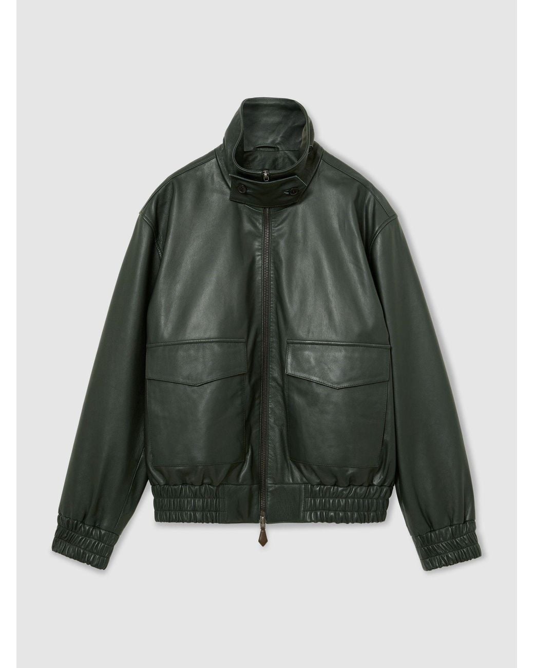 Reiss Trinity - Dark Green Leather Oversized Funnel-neck Jacket, Xl for men