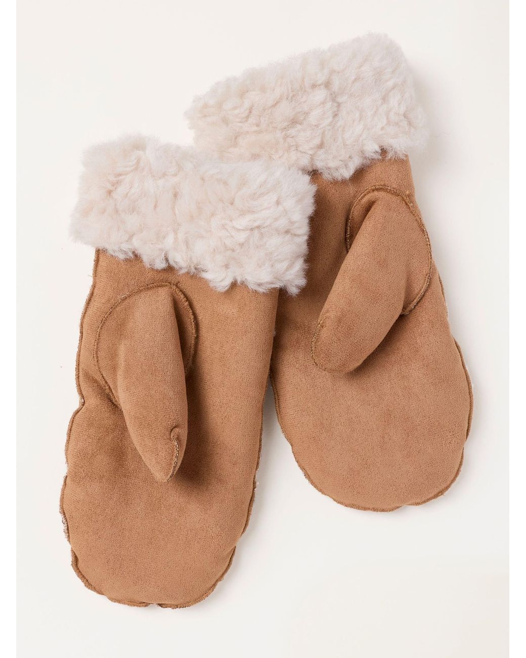 FatFace White Faux Fur Floral Embroidered Mittens
