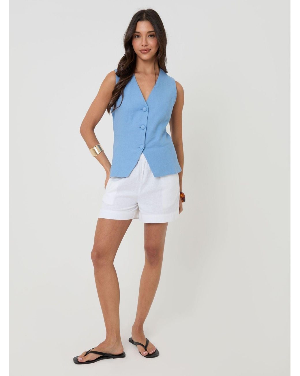 Threadbare Blue Linen Blend V-Neck Waistcoat