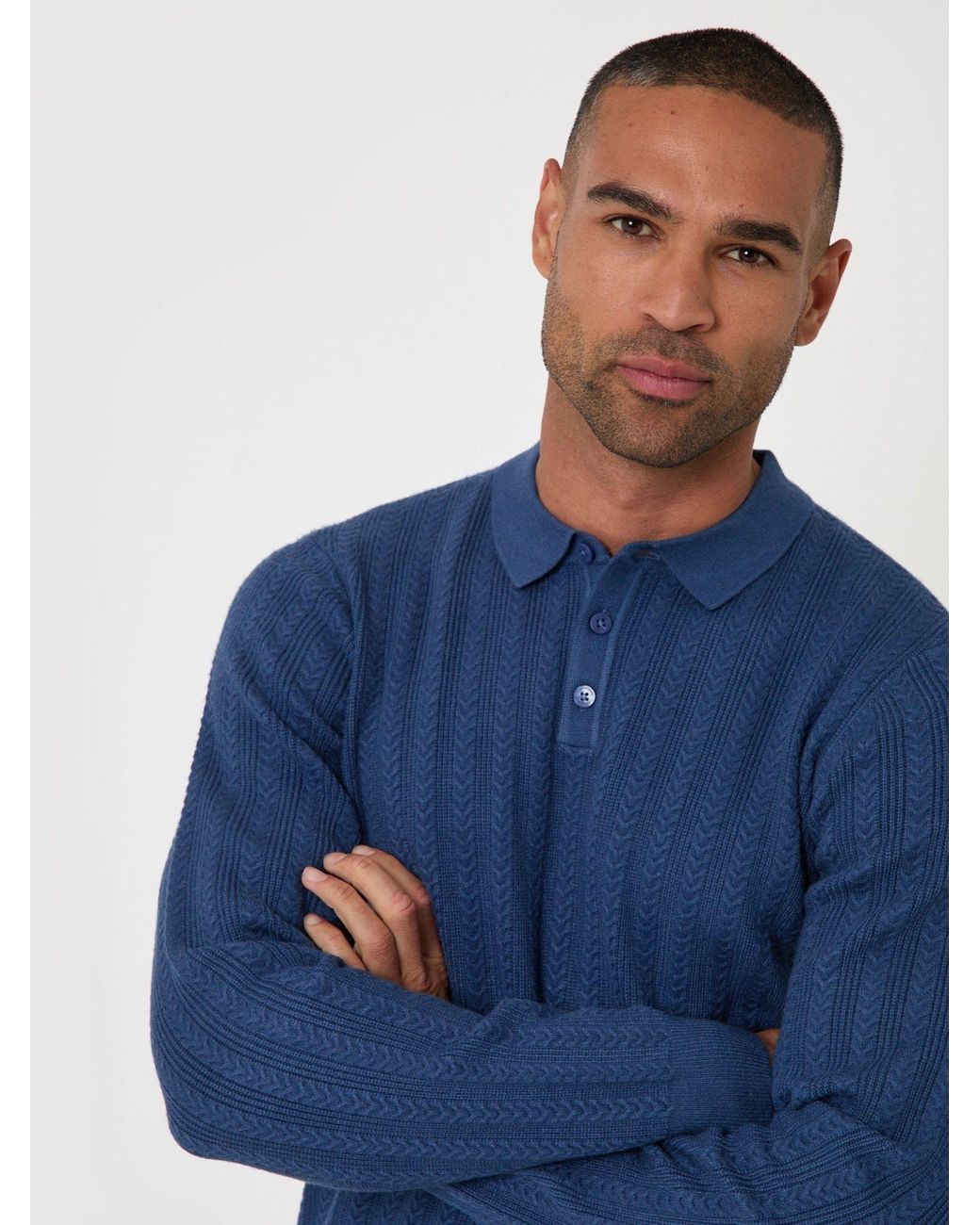 Threadbare Blue Textured Cable Knit Polo Jumper for men