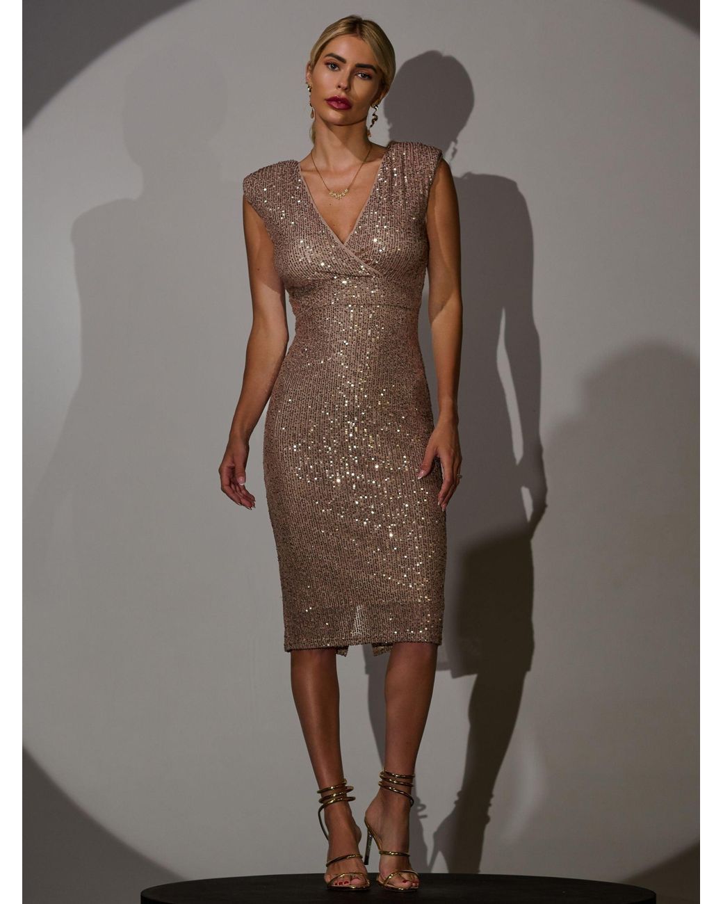 Jolie Moi Glitter Sequin Bodycon Midi Dress in Brown | Lyst