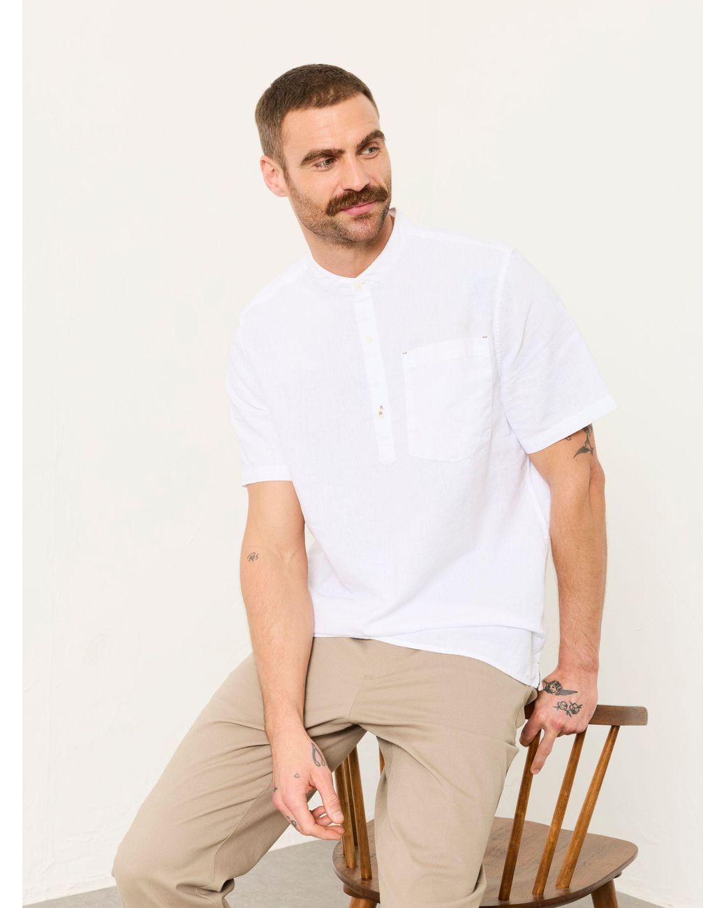 FatFace White Fatface Bugle Short Sleeve Grandad Popover Shirt for men