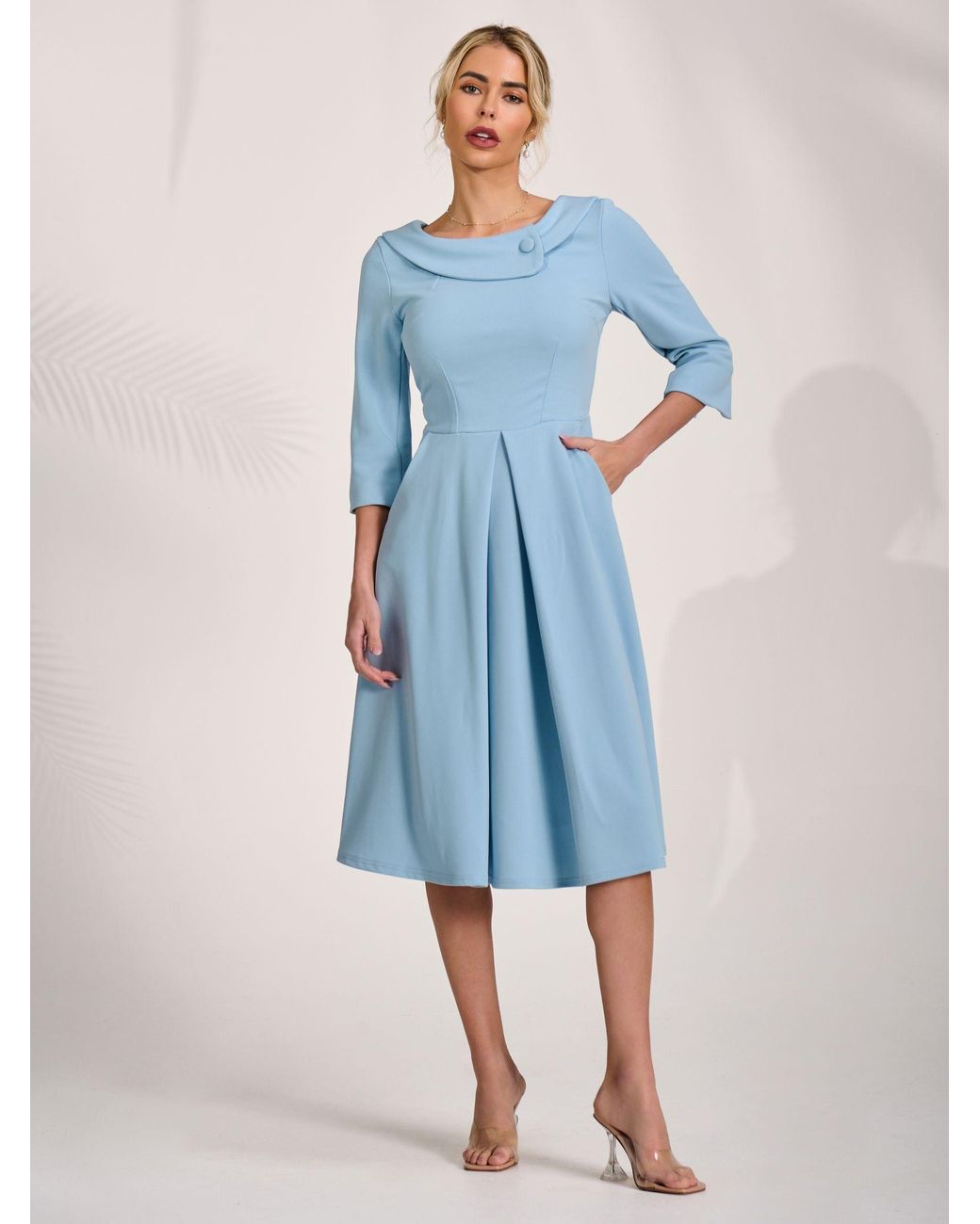 Jolie Moi 3/4 Sleeve Fold Neck Midi Dress in Blue | Lyst