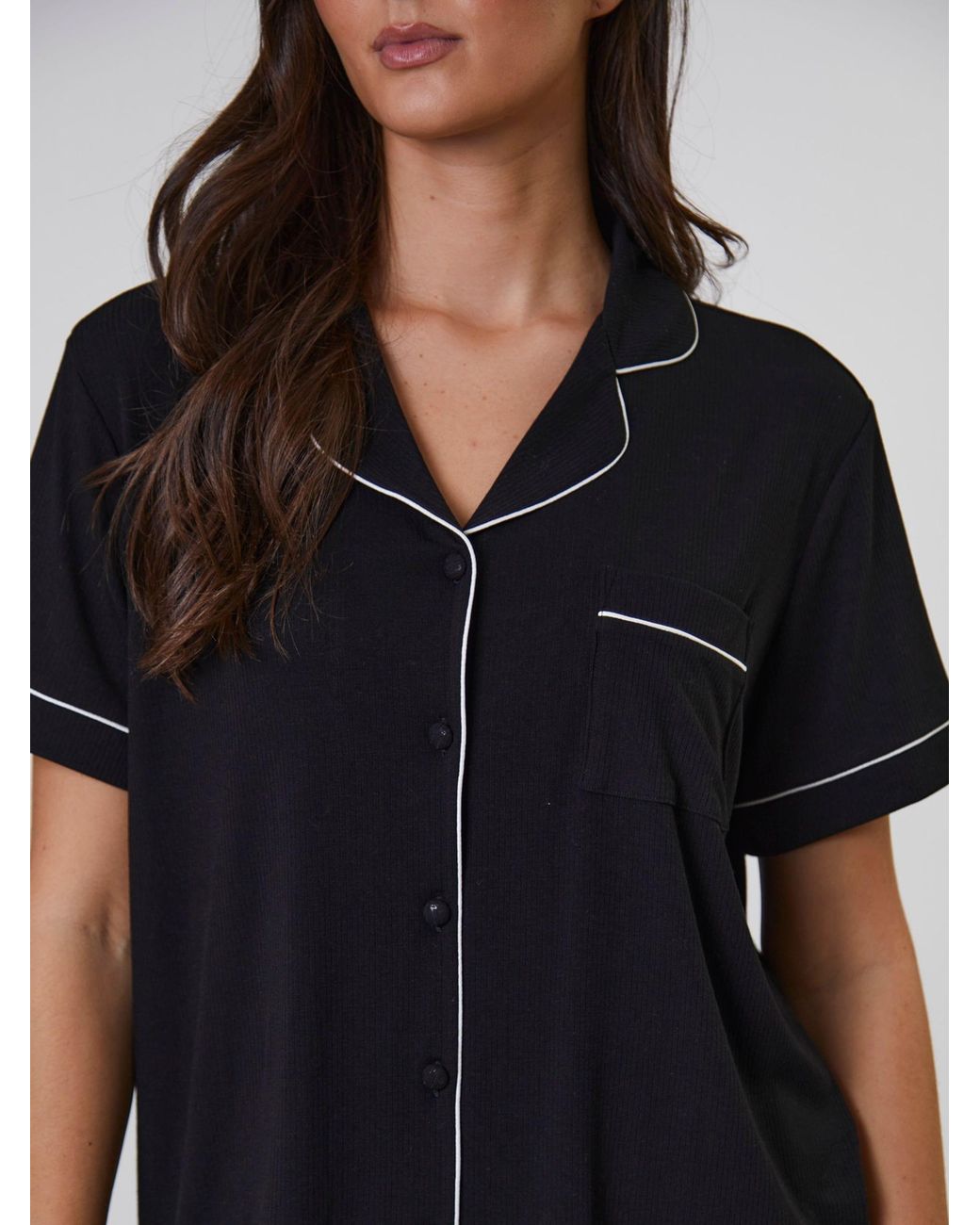 Loungeable Black Trim Soft Rib Short Sleeve Button Through Pyjamas