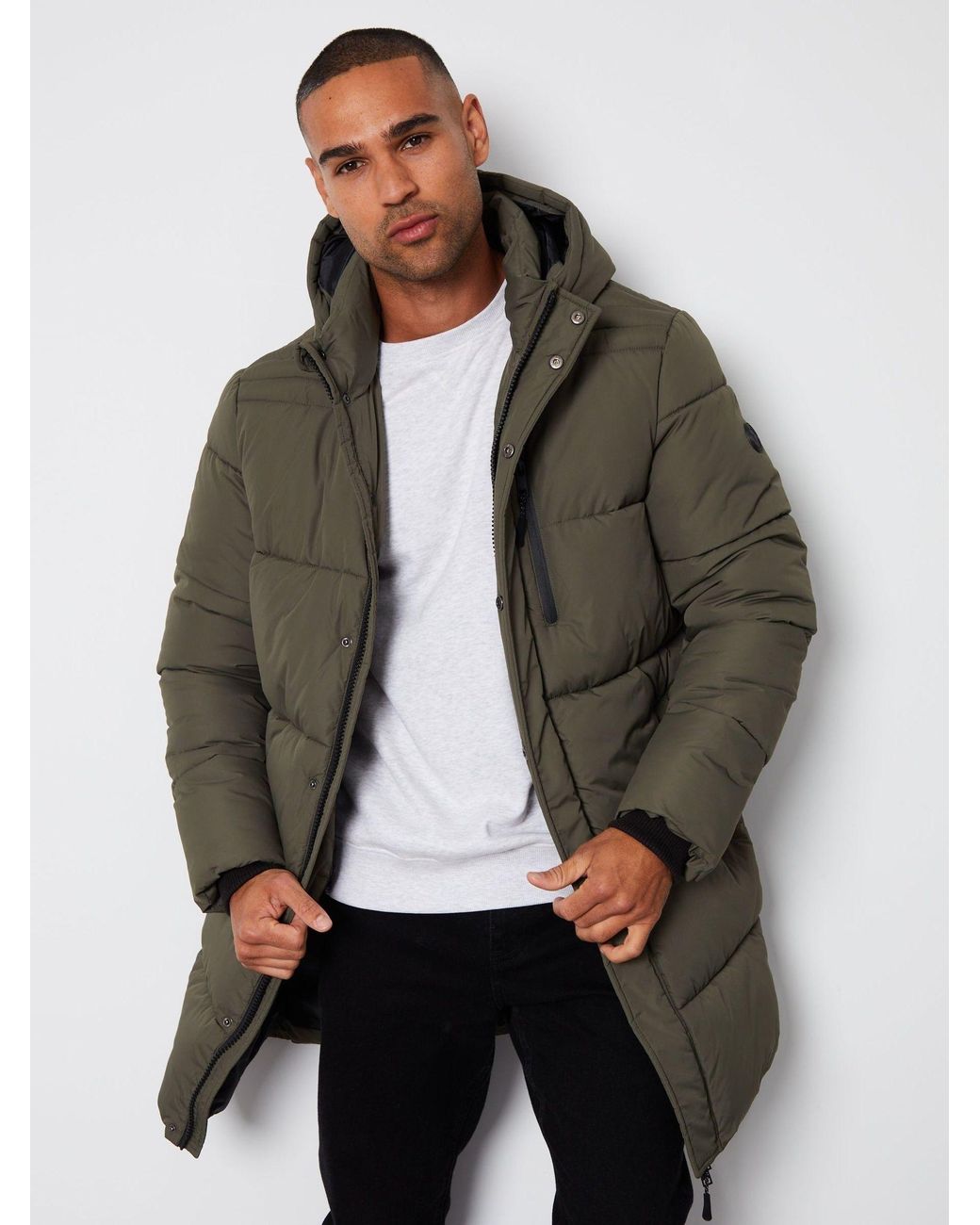 Threadbare Gray Showerproof Hooded Longline Puffer Jacket for men