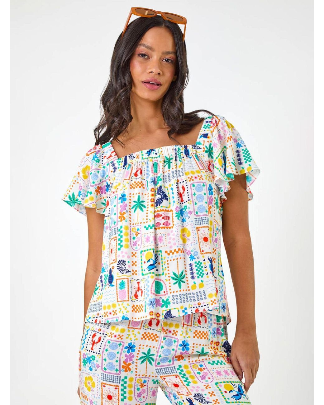 Roman White Patchwork Palm Ruffle Shirt