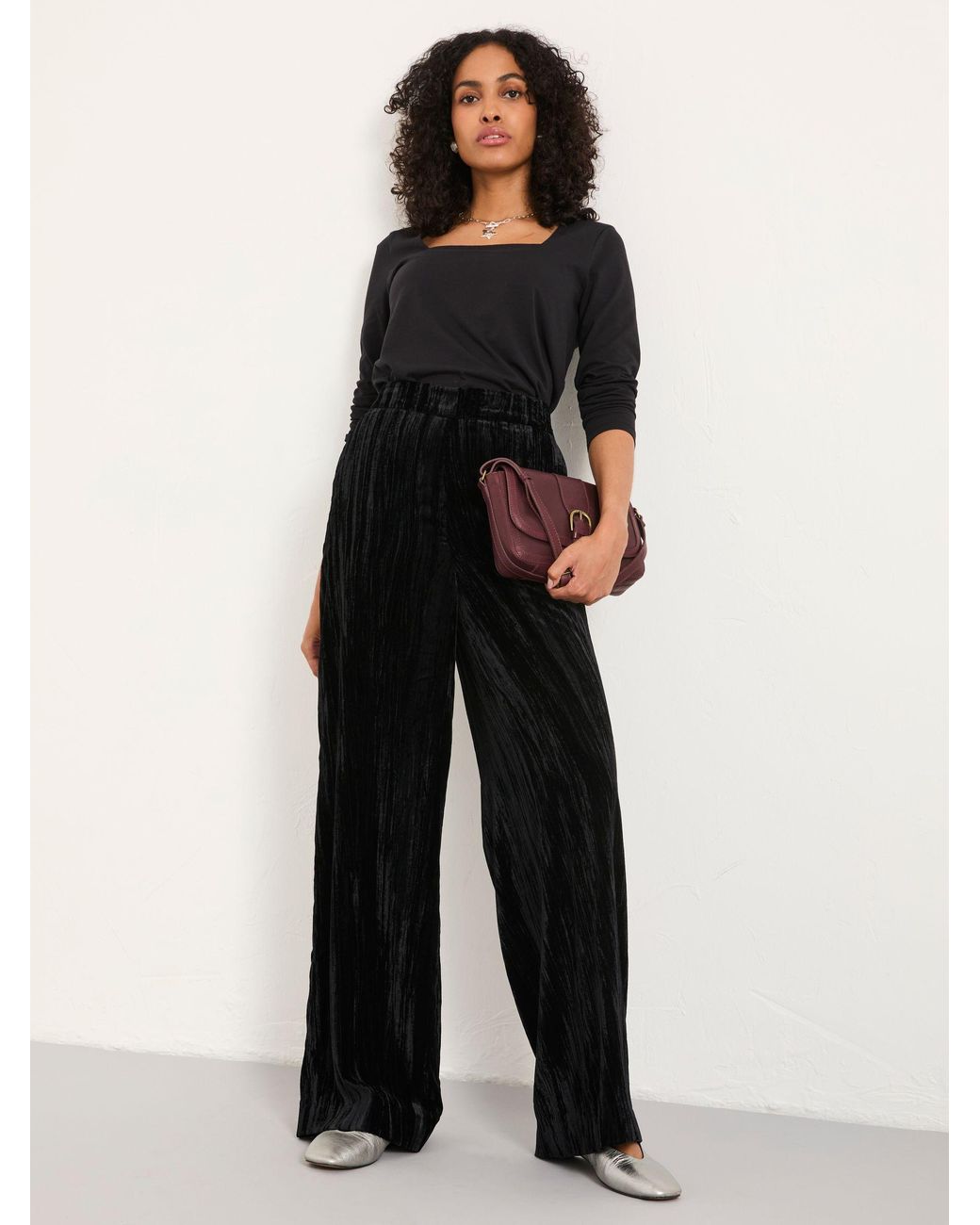 FatFace Black Hetty Wide Leg Crinkle Velvet Trousers