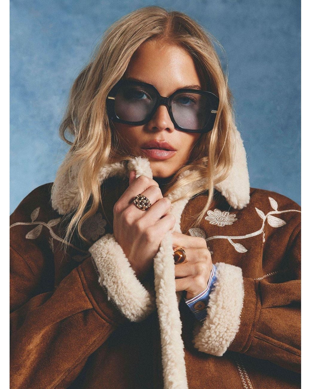 River Island Blue Embroidered Shearling Jacket