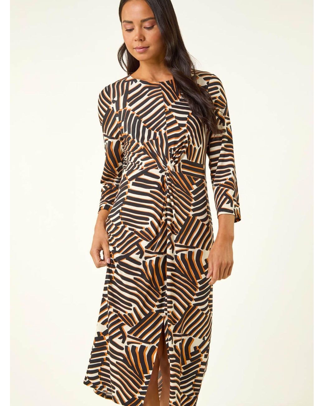 Roman Natural Petite Abstract Print Knot Front Dress