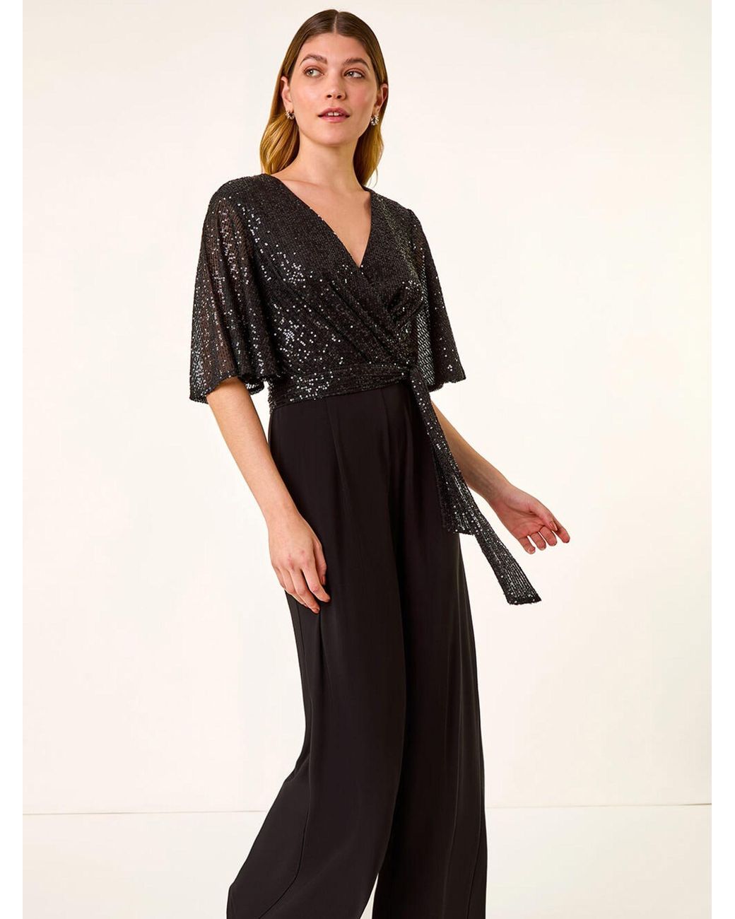 Roman Black Sequin Flutter Sleeve Stretch Jumpsuit